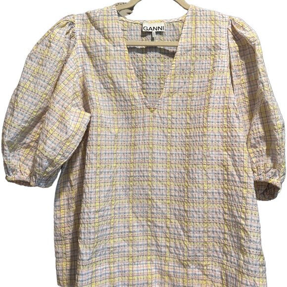 Ganni Recycled Seersucker Check Short Sleeve Top - Picture 5 of 7